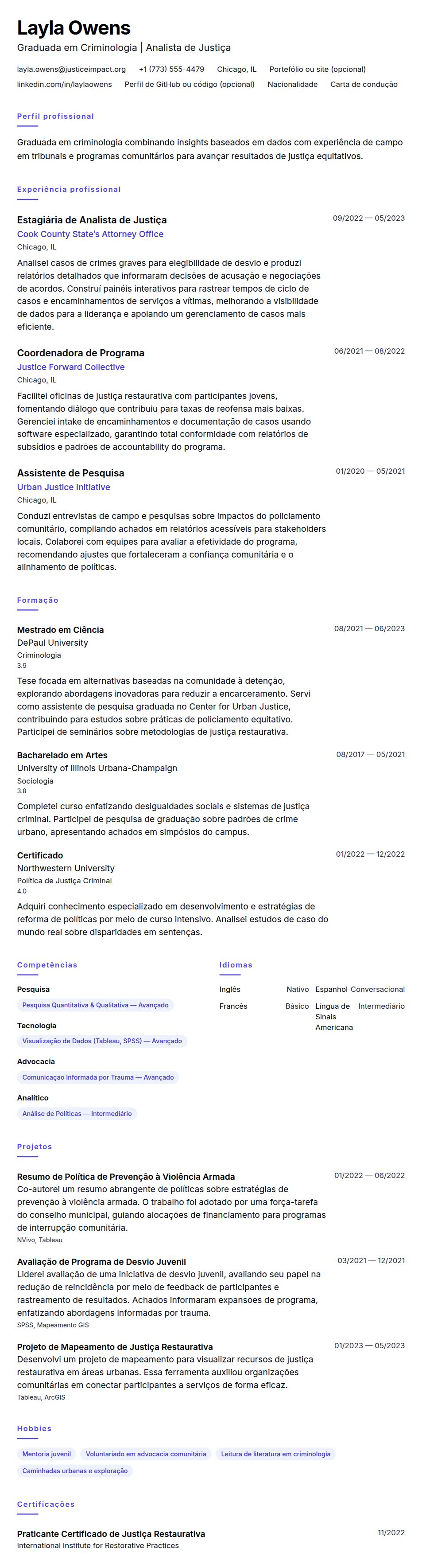 Pré-visualização do currículo Exemplo de Currículo para Graduado em Criminologia