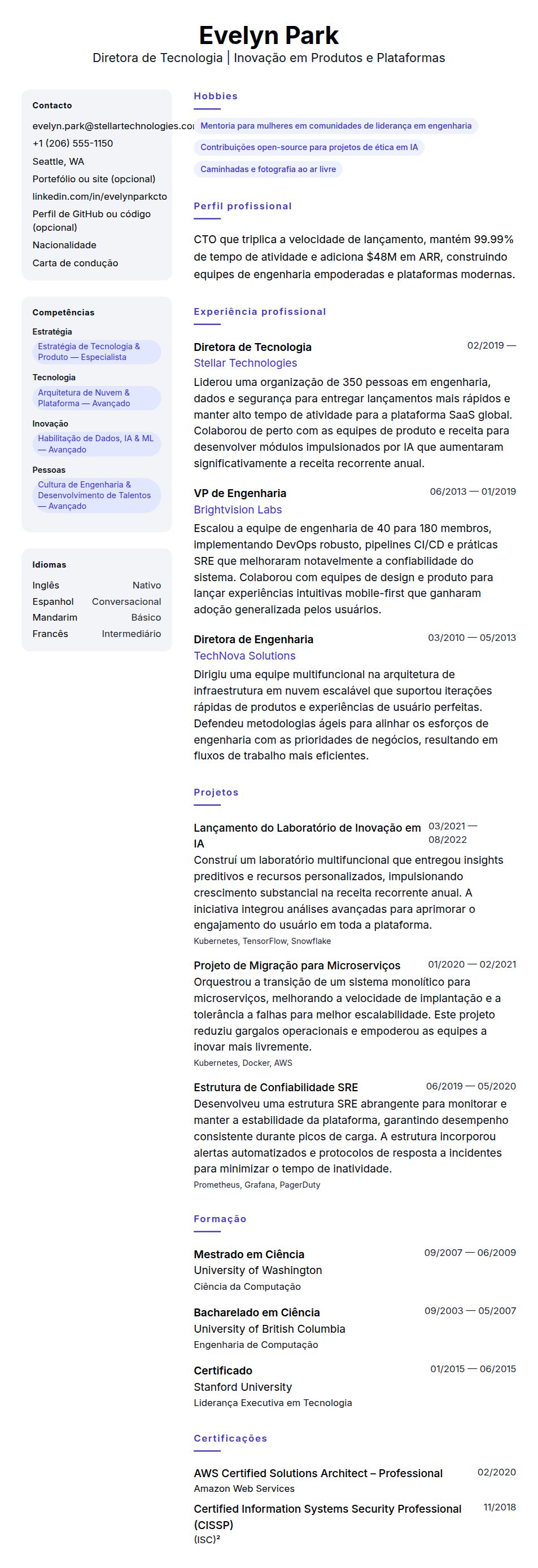 Exemplo de Currículo para Diretor de Tecnologia