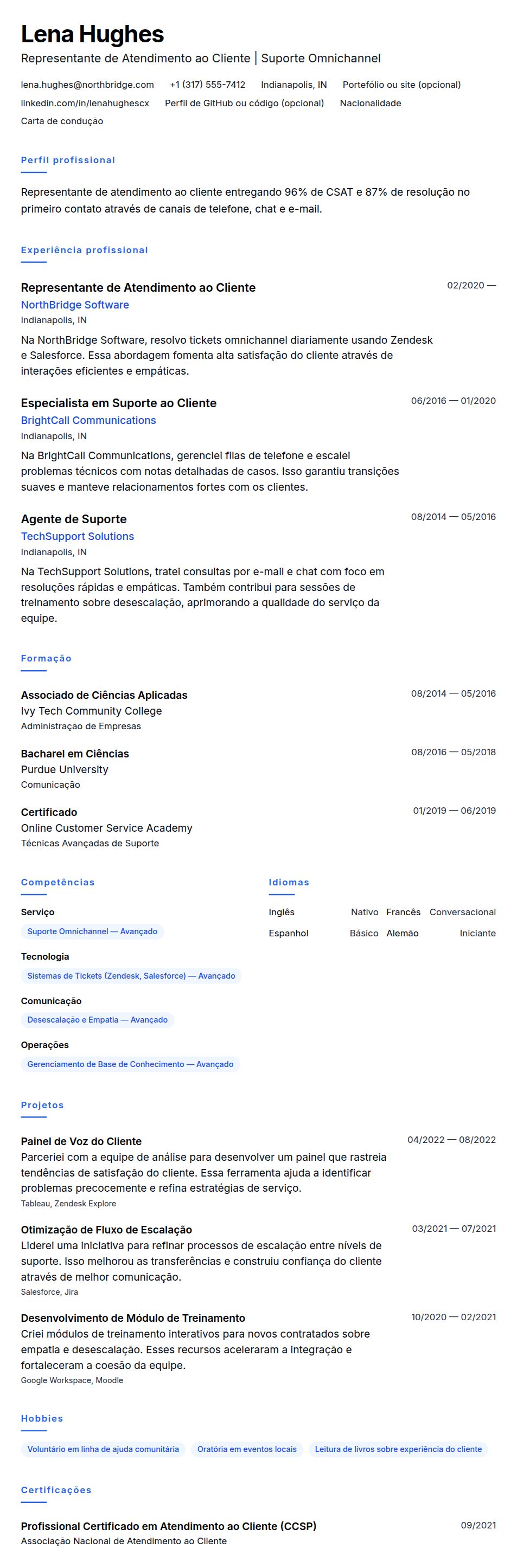 Exemplo de Currículo para Representante de Atendimento ao Cliente