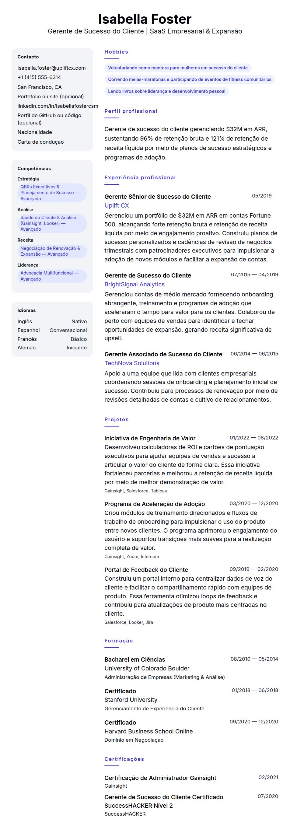 Pré-visualização do currículo Exemplo de Currículo para Gerente de Sucesso do Cliente
