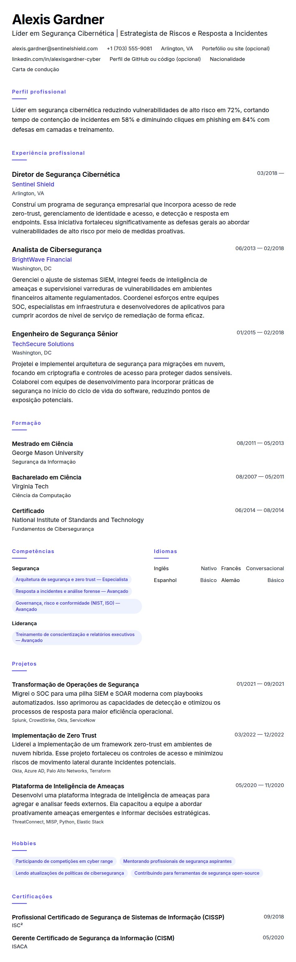 Pré-visualização do currículo Exemplo de Currículo de Profissional de Segurança Cibernética
