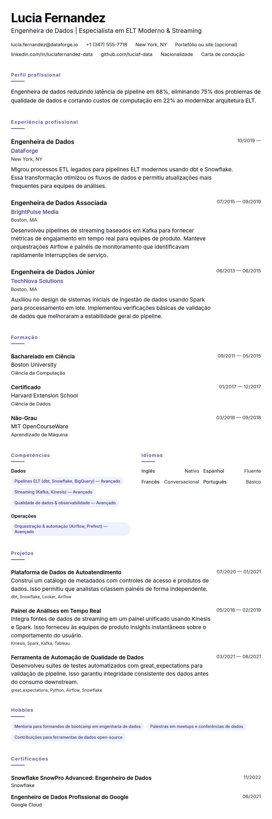 Pré-visualização do currículo Exemplo de Currículo para Engenheiro de Dados