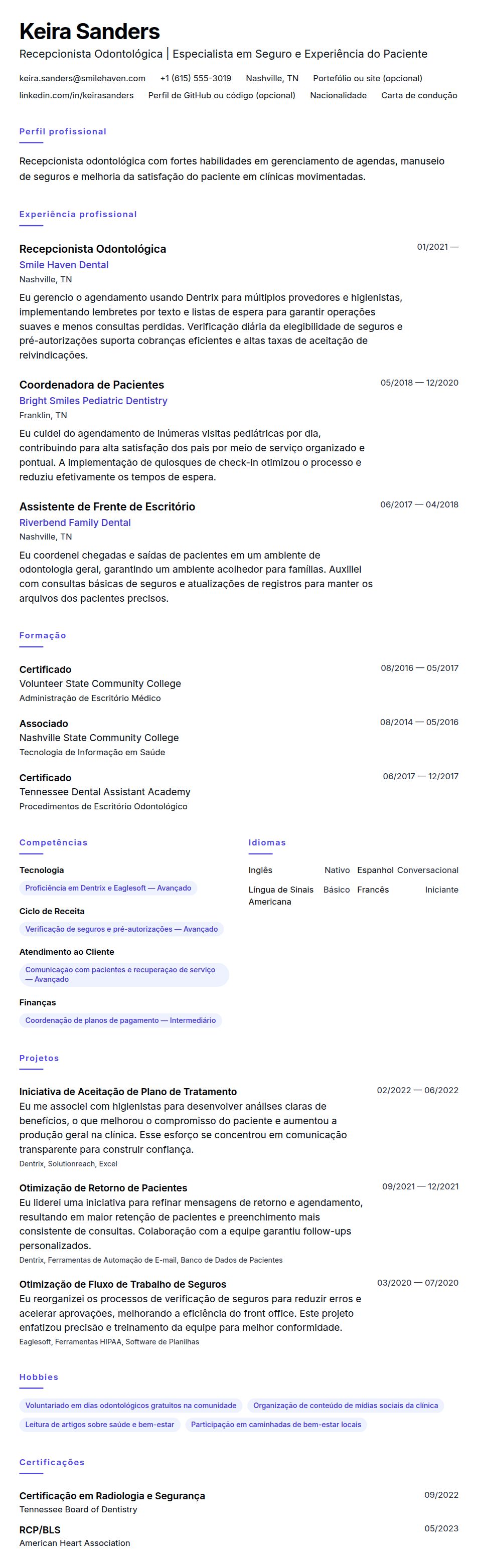 Pré-visualização do currículo Exemplo de Currículo para Recepcionista Odontológica