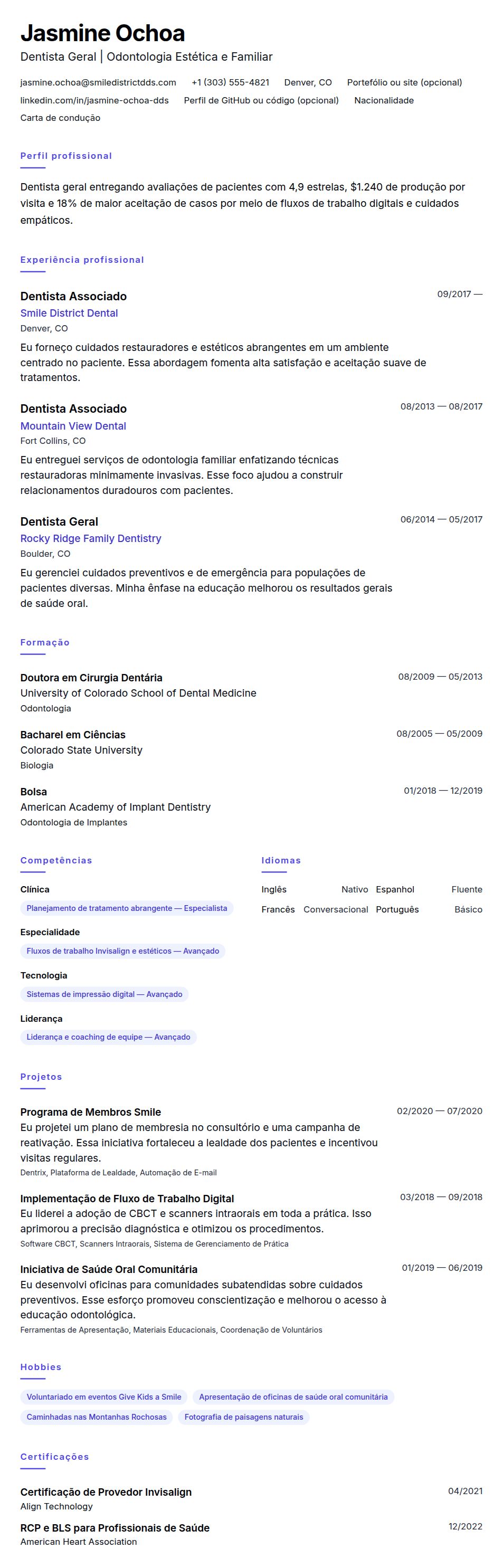 Pré-visualização do currículo Exemplo de Currículo de Dentista