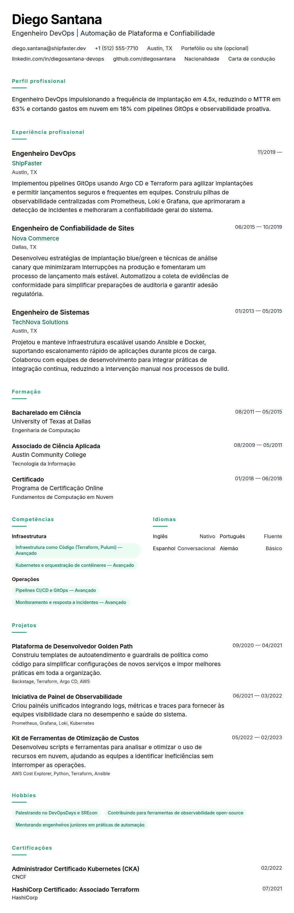 Pré-visualização do currículo Exemplo de Currículo de Engenheiro DevOps