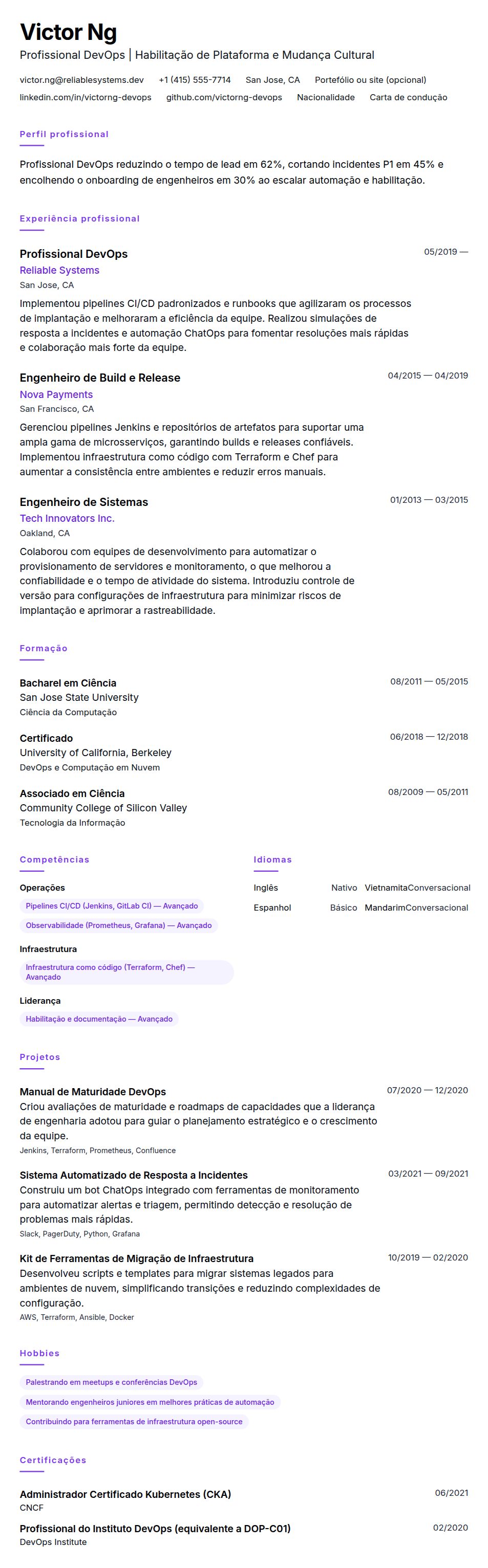 Pré-visualização do currículo Exemplo de Currículo para Profissional DevOps