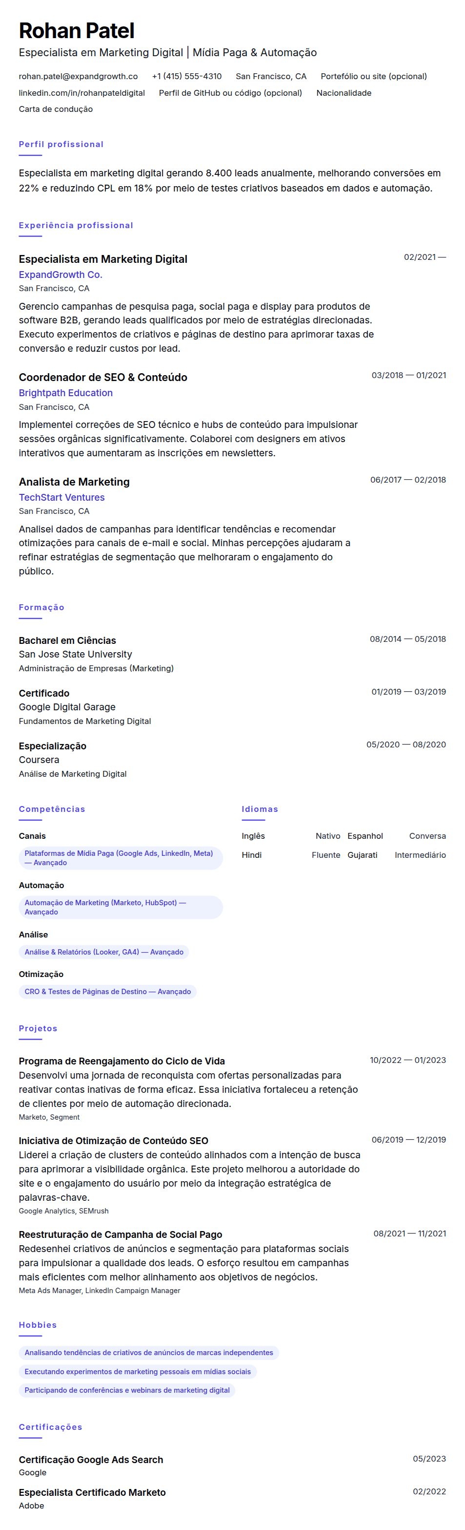 Exemplo de Currículo para Especialista em Marketing Digital