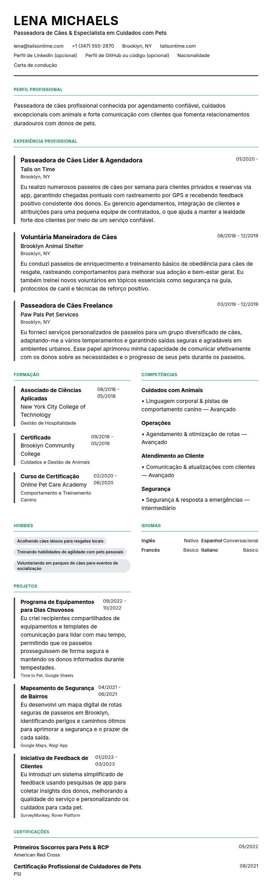 Exemplo de Currículo para Passeador de Cães
