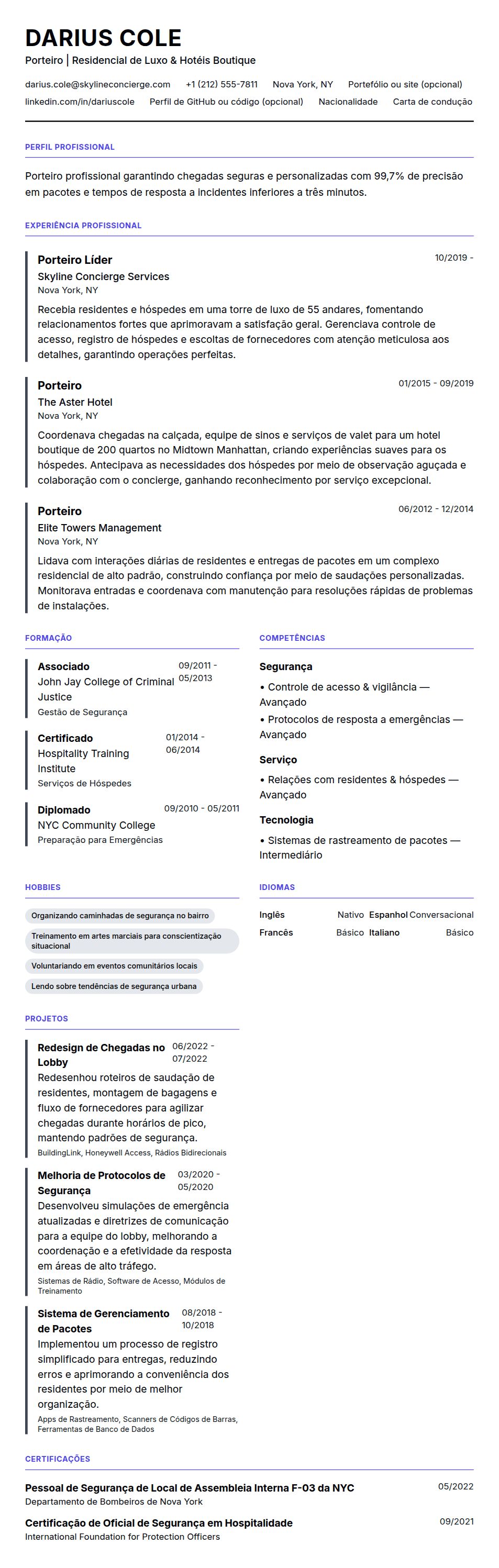 Pré-visualização do currículo Exemplo de Currículo de Porteiro