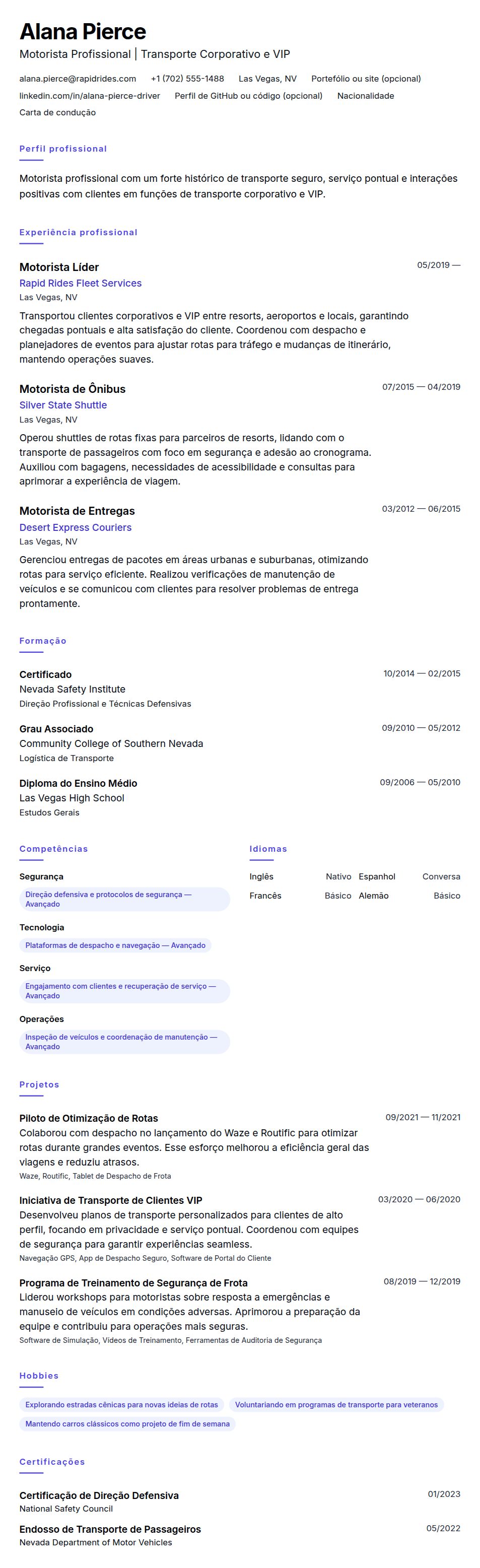 Exemplo de Currículo de Motorista