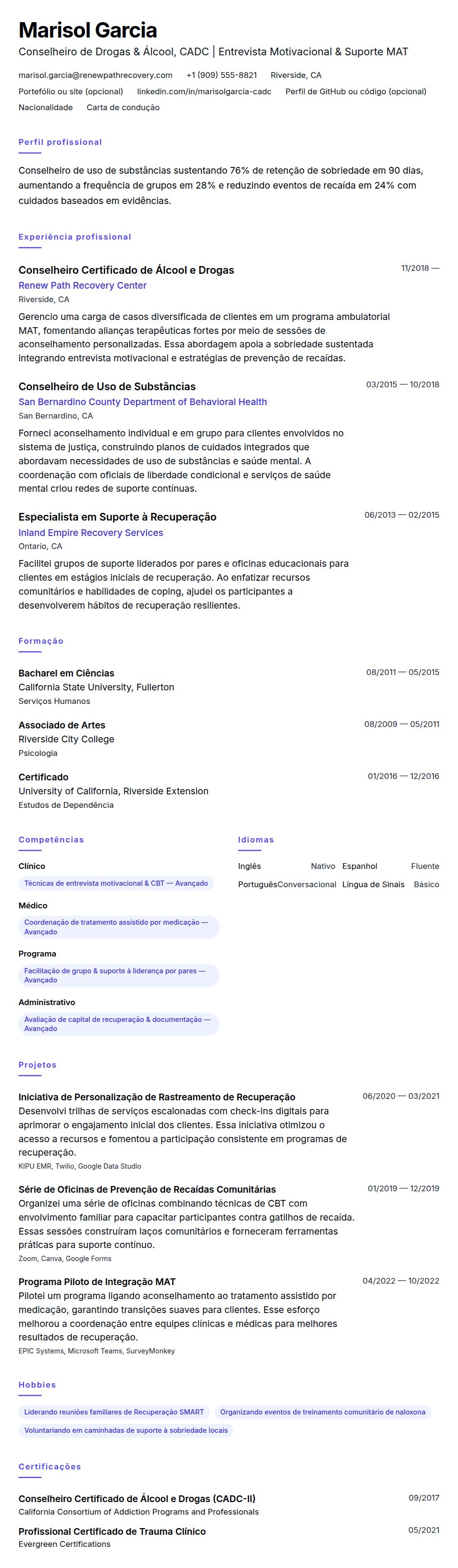 Pré-visualização do currículo Exemplo de Currículo de Conselheiro de Drogas e Álcool