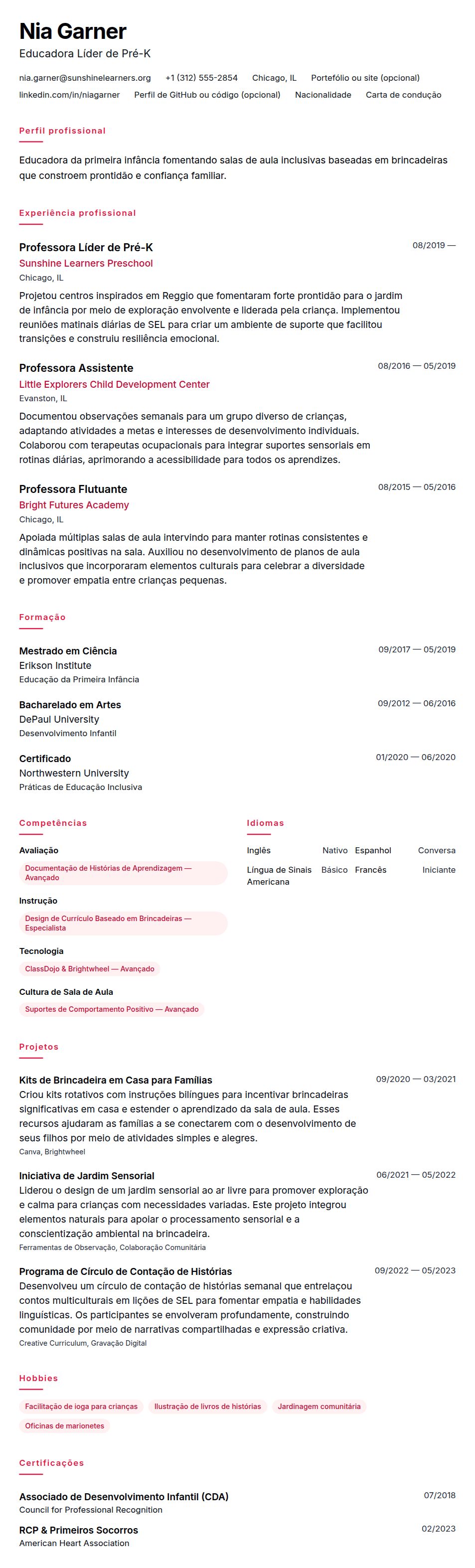 Pré-visualização do currículo Exemplo de Currículo de Educador da Primeira Infância