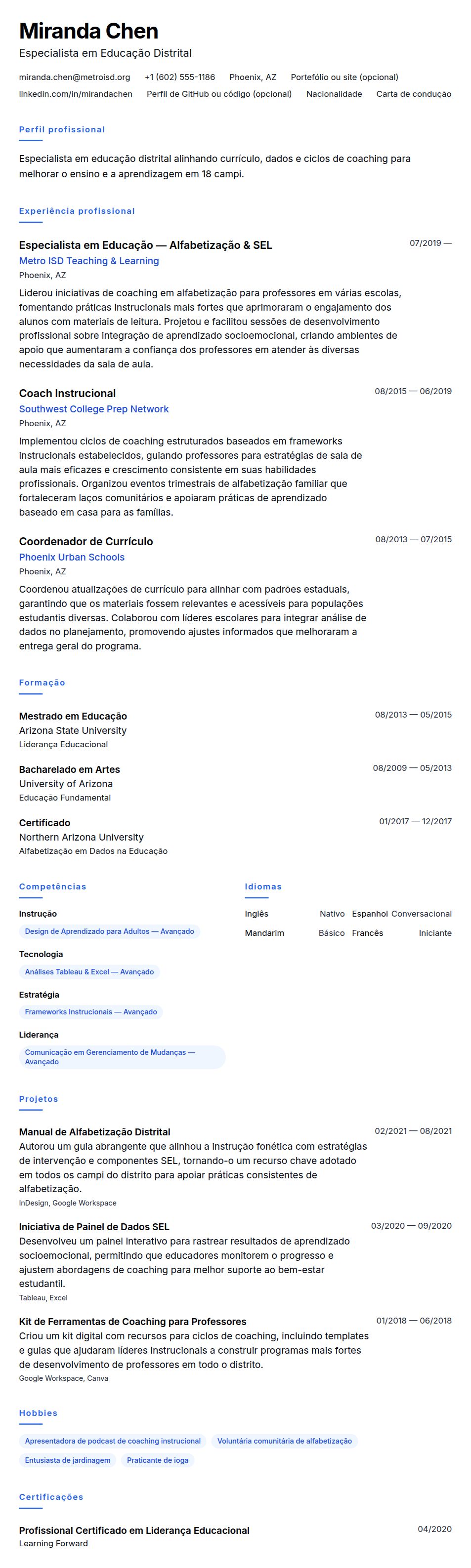 Pré-visualização do currículo Exemplo de Currículo de Especialista em Educação