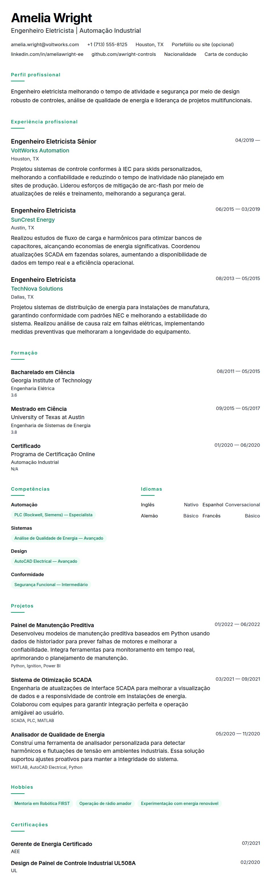 Pré-visualização do currículo Exemplo de Currículo para Engenheiro Eletricista