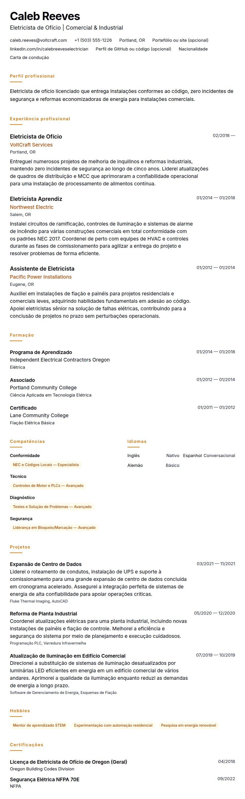 Pré-visualização do currículo Exemplo de Currículo de Eletricista