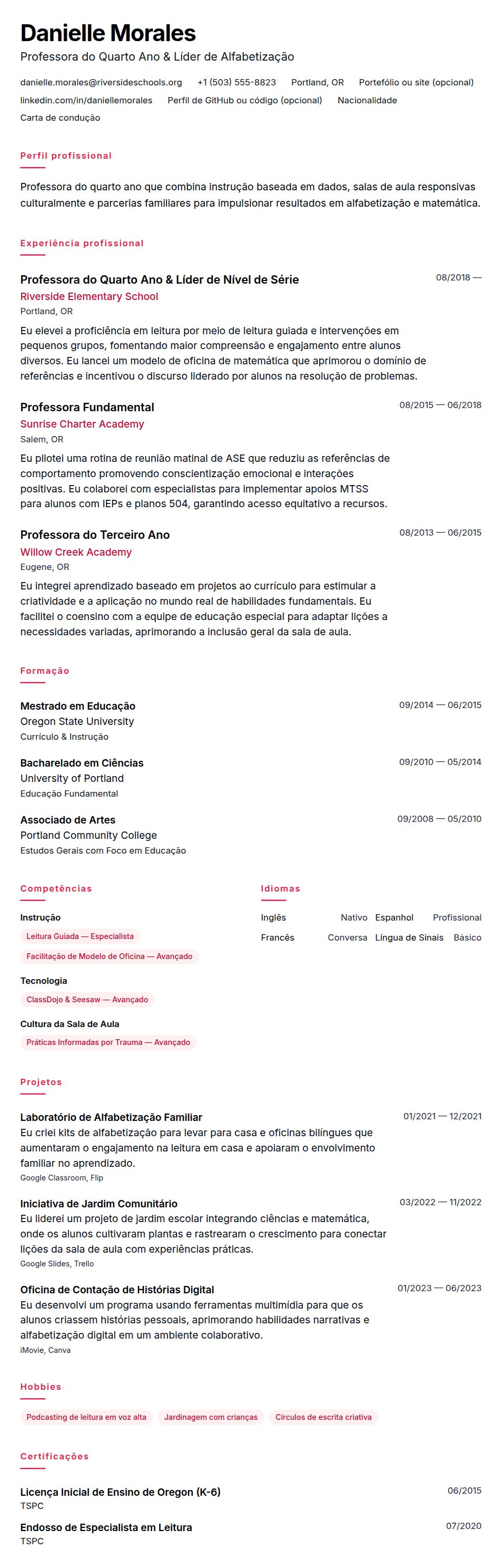 Pré-visualização do currículo Exemplo de Currículo para Professor de Ensino Fundamental