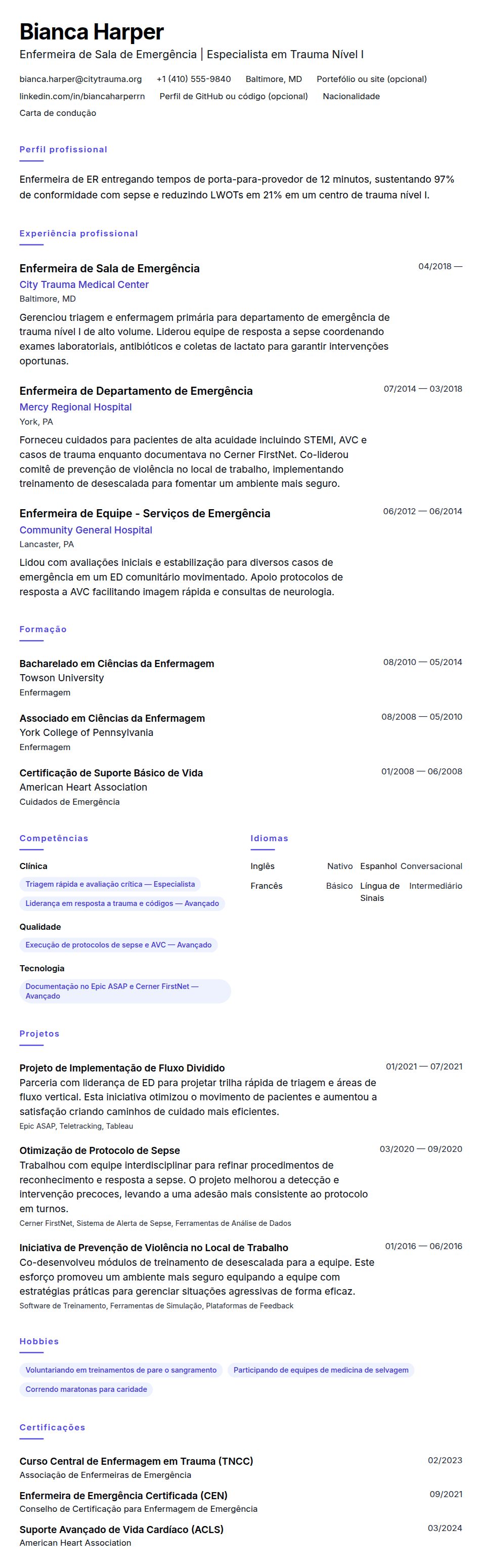 Pré-visualização do currículo Exemplo de Currículo de Enfermeira de Sala de Emergência (ER)