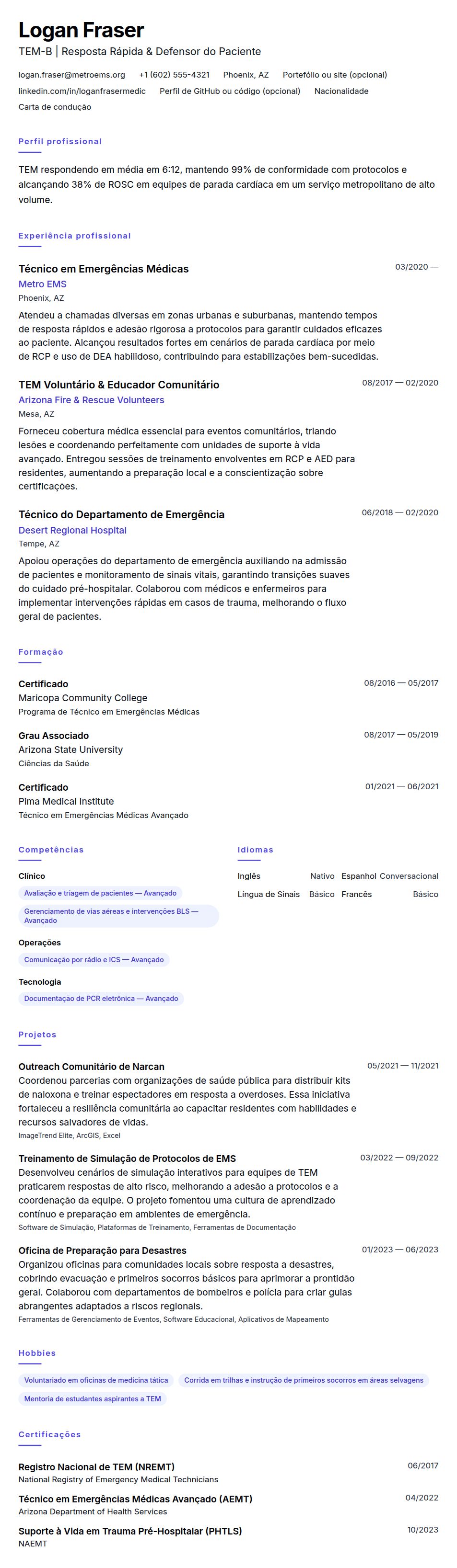 Pré-visualização do currículo Exemplo de Currículo de Técnico em Emergências Médicas (TEM)