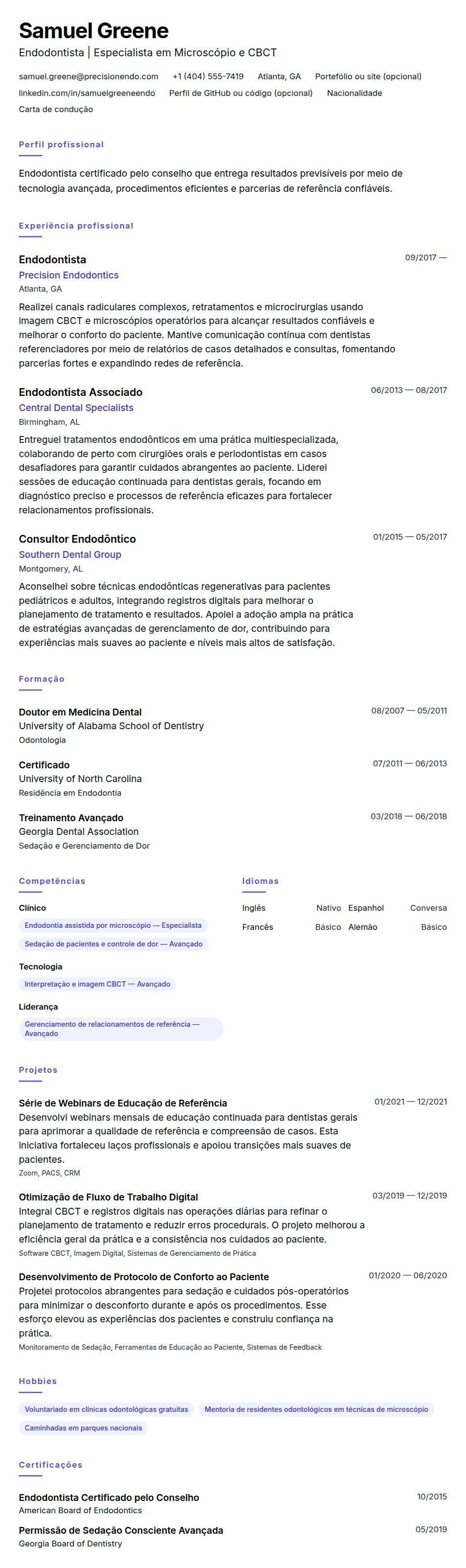 Pré-visualização do currículo Exemplo de Currículo de Endodontista