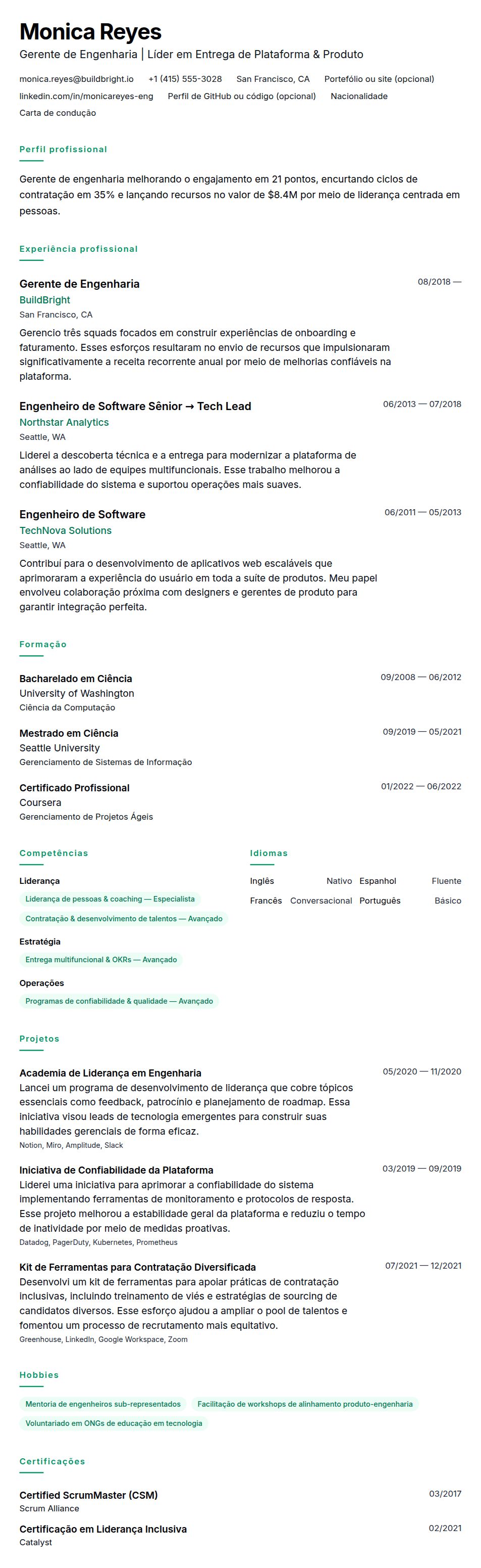 Pré-visualização do currículo Exemplo de Currículo de Gerente de Engenharia
