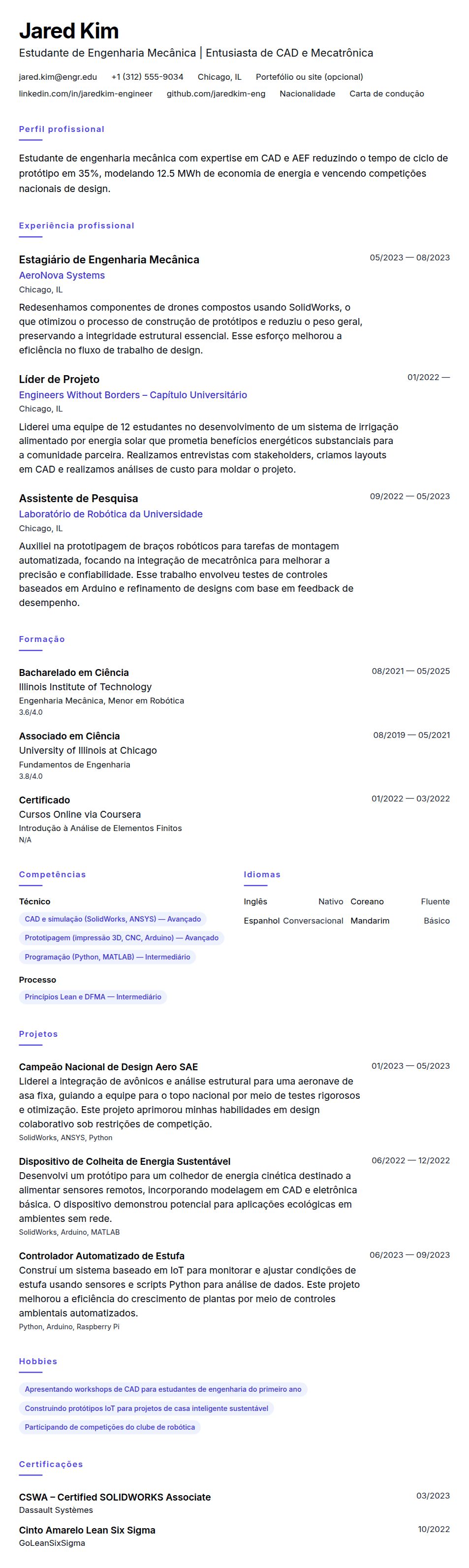 Pré-visualização do currículo Exemplo de Currículo para Estudante de Engenharia