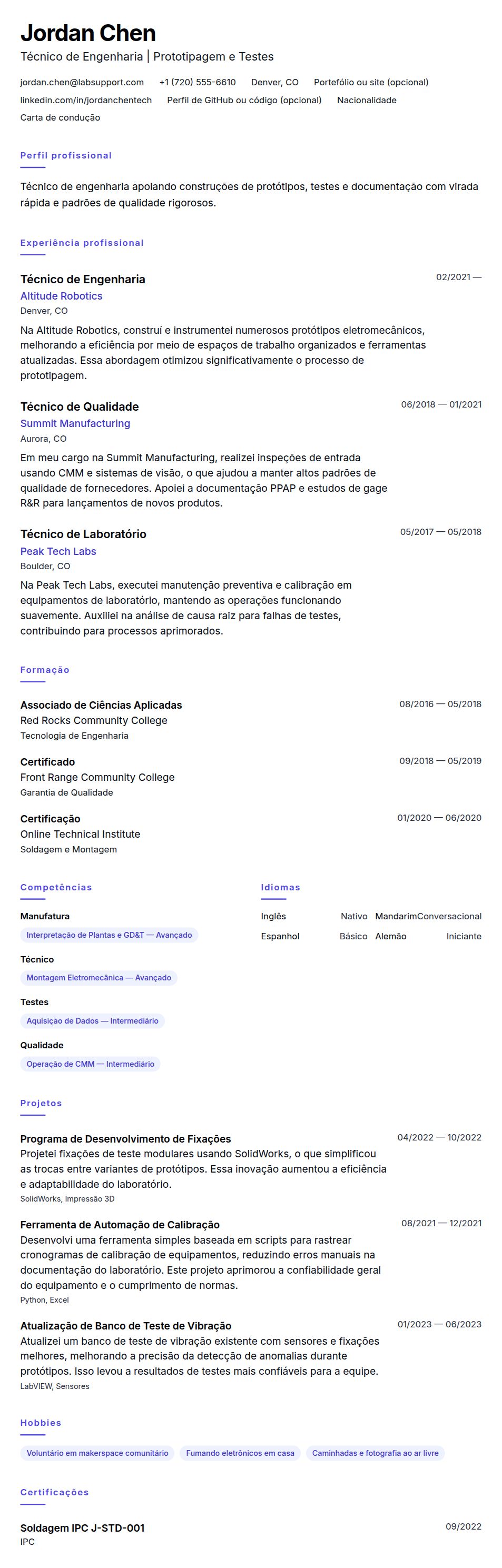 Pré-visualização do currículo Exemplo de Currículo de Técnico