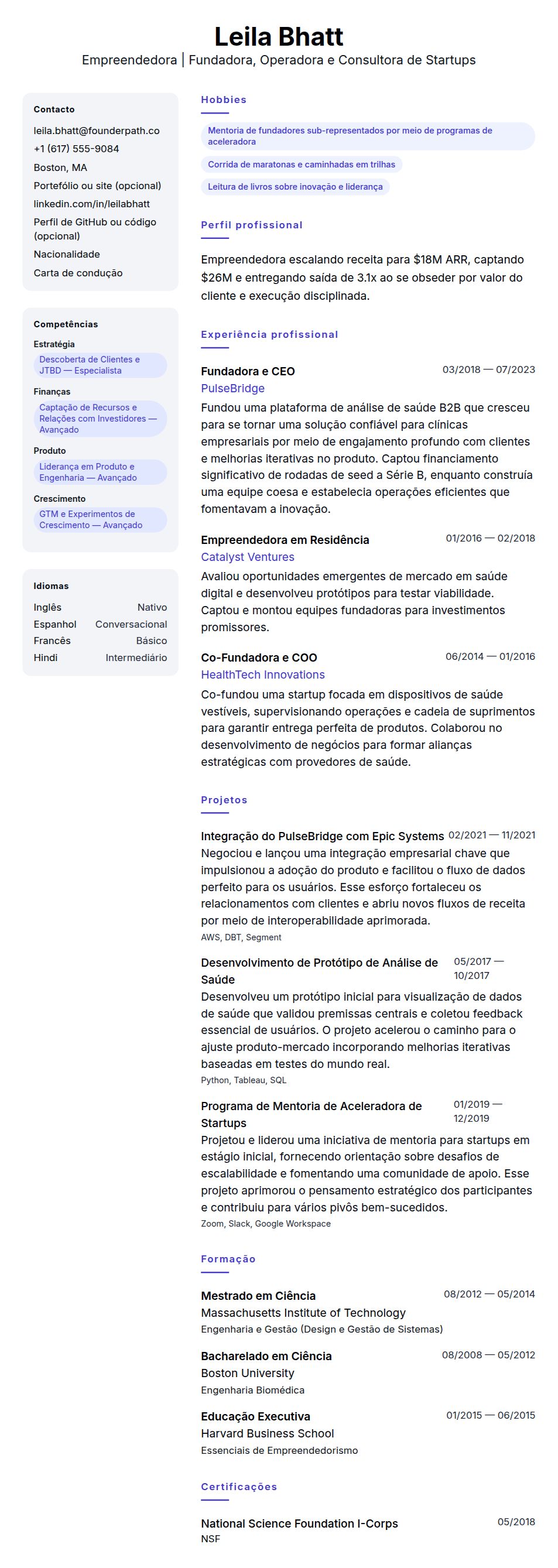 Pré-visualização do currículo Exemplo de Currículo de Empreendedor