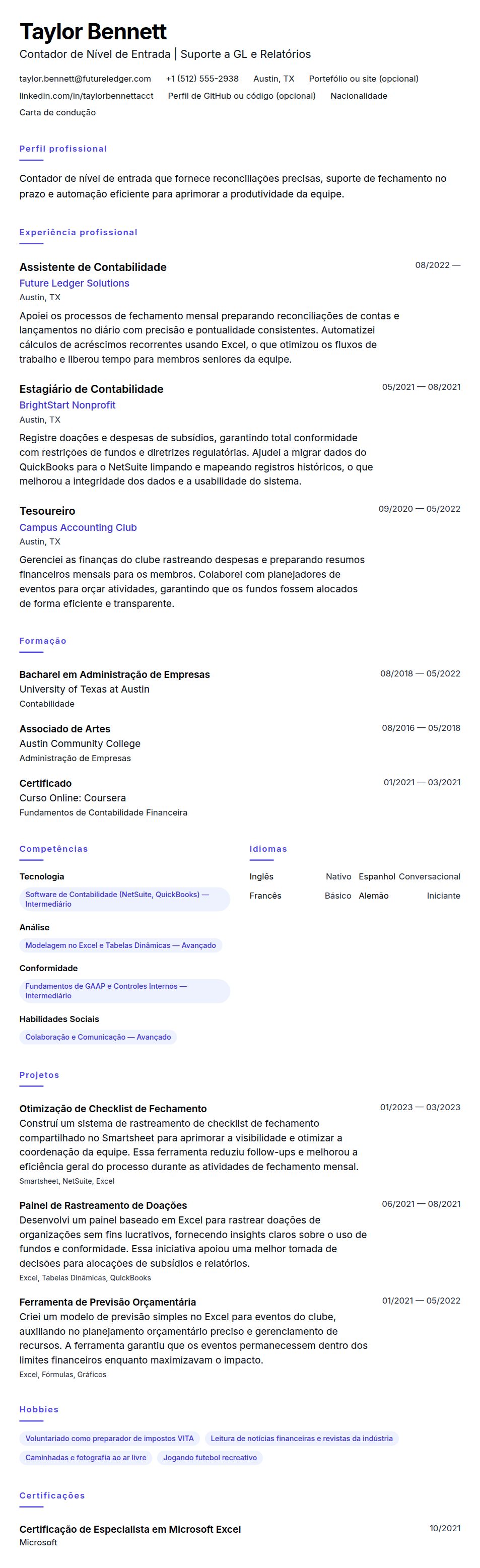 Pré-visualização do currículo Exemplo de Currículo para Contador de Nível de Entrada