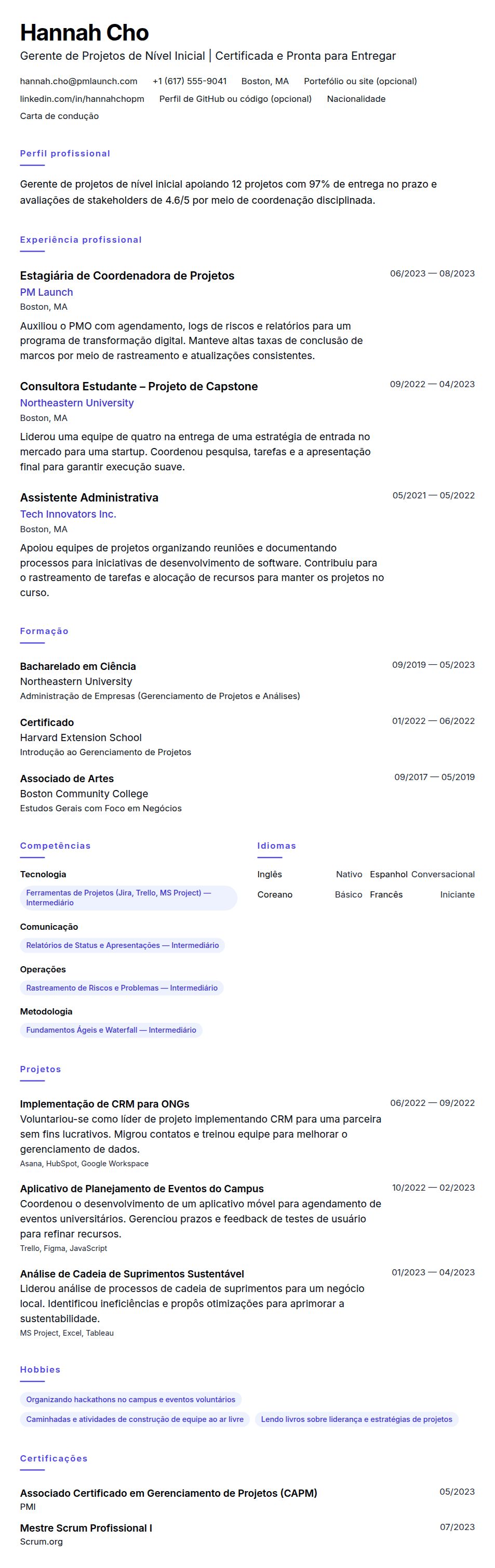 Pré-visualização do currículo Exemplo de Currículo para Gerente de Projetos de Nível Inicial