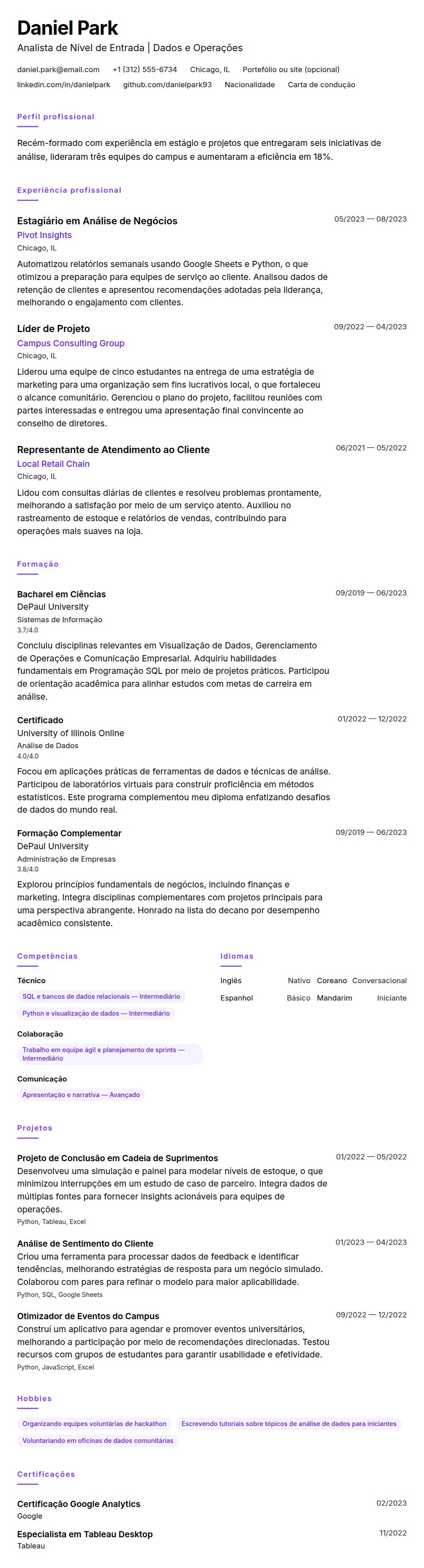 Pré-visualização do currículo Exemplo de Currículo de Nível de Entrada