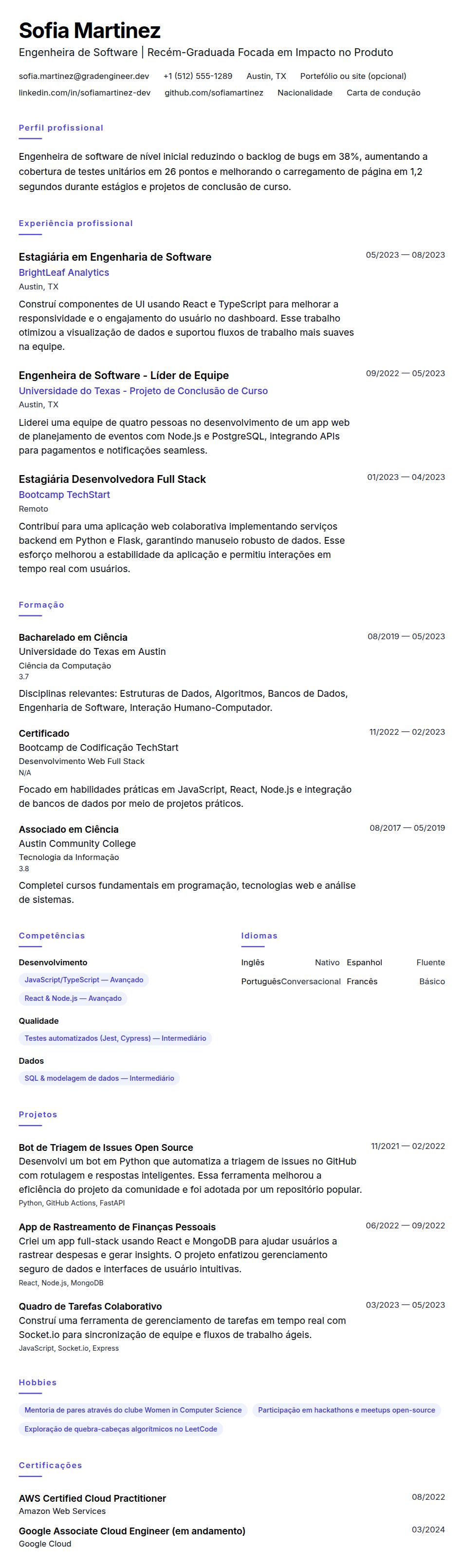 Pré-visualização do currículo Exemplo de Currículo para Engenheiro de Software de Nível Inicial