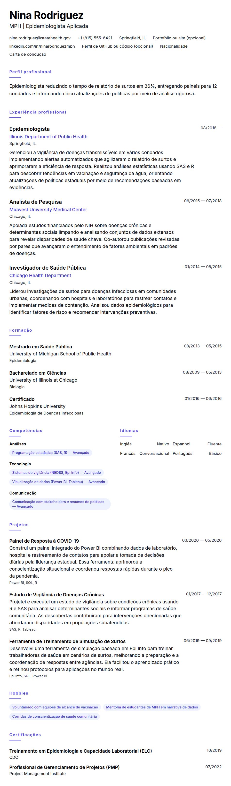 Pré-visualização do currículo Exemplo de Currículo de Epidemiologista