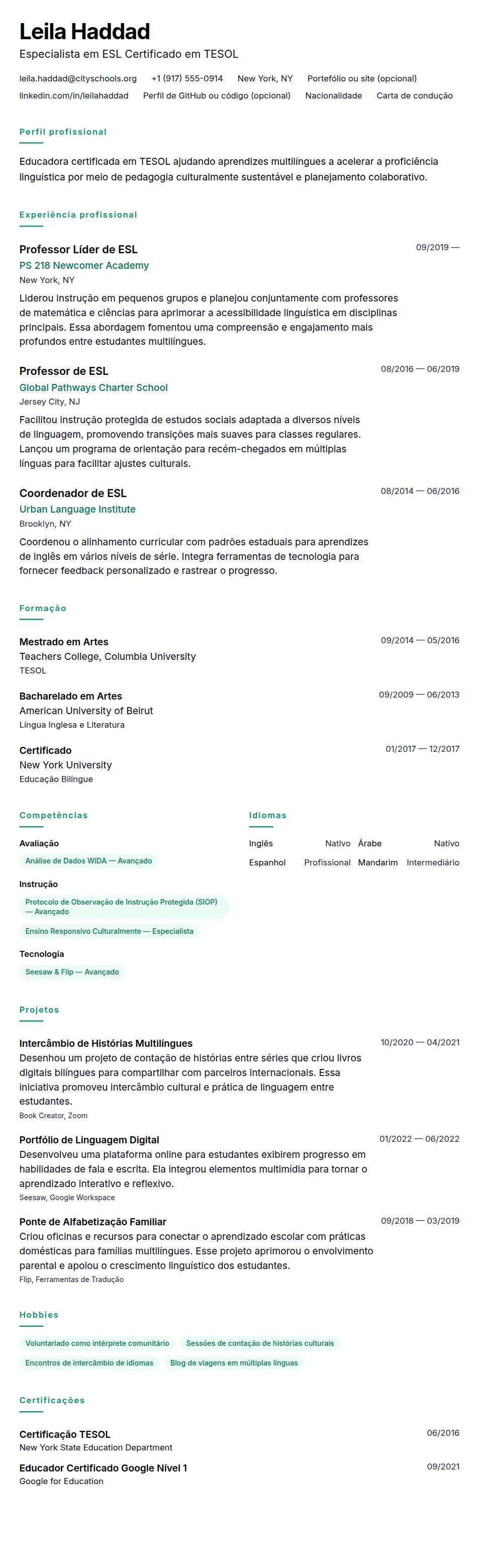 Exemplo de Currículo para Professor de ESL