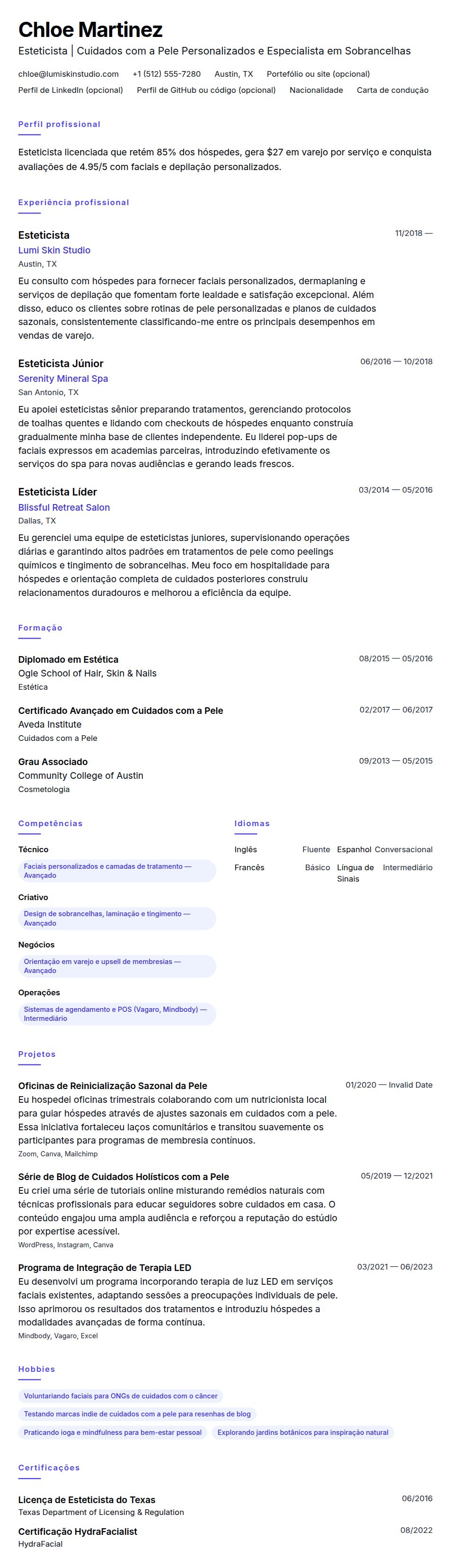 Pré-visualização do currículo Exemplo de Currículo de Esteticista