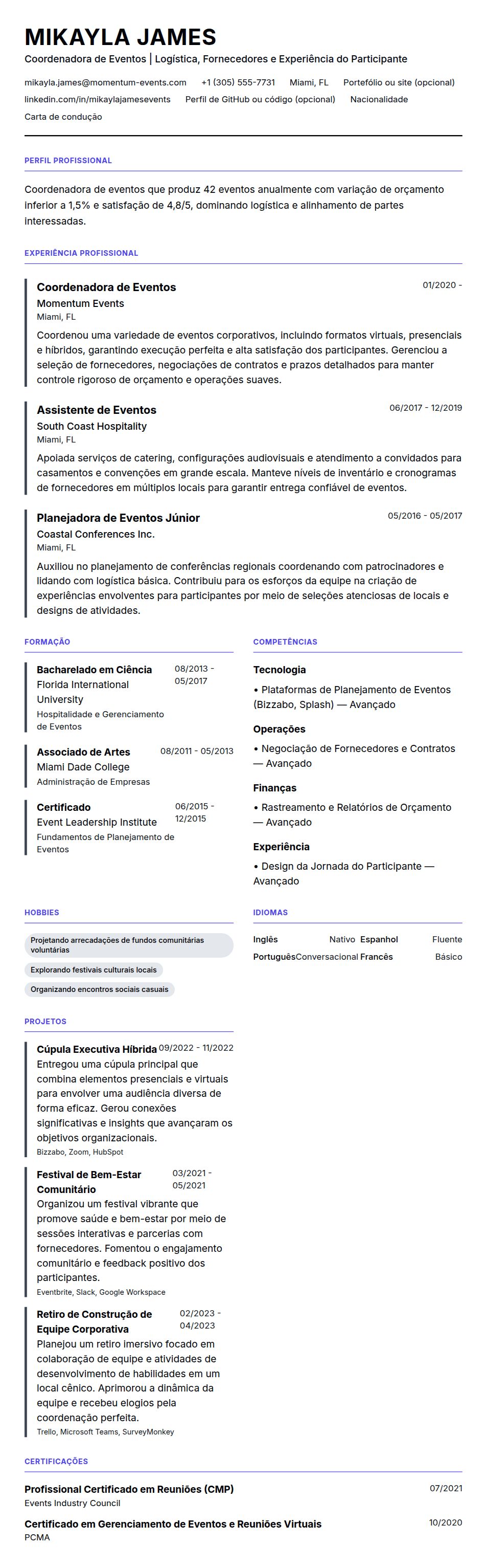 Pré-visualização do currículo Exemplo de Currículo de Coordenador de Eventos