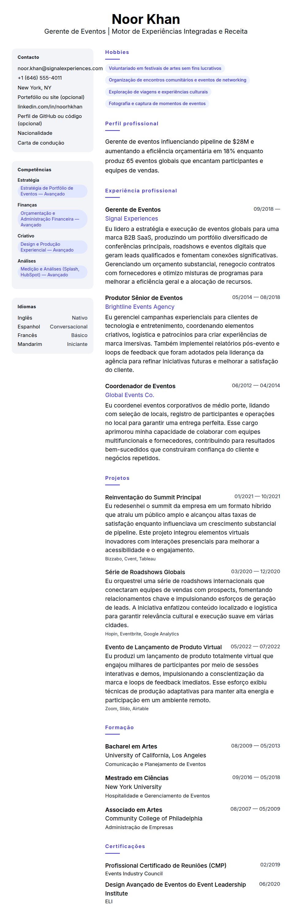 Pré-visualização do currículo Exemplo de Currículo de Gerente de Eventos