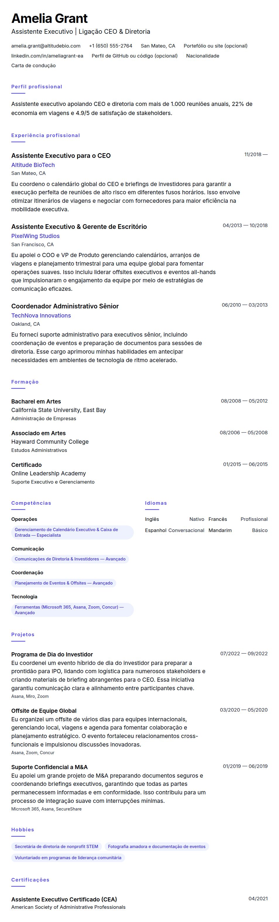 Exemplo de Currículo de Assistente Executivo