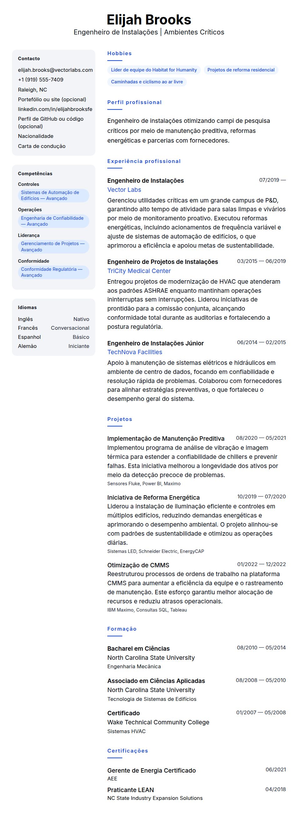 Pré-visualização do currículo Exemplo de Currículo para Engenheiro de Instalações