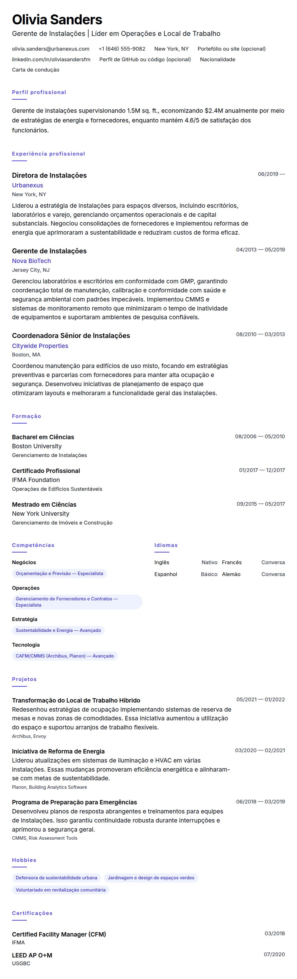 Exemplo de Currículo de Gerente de Instalações