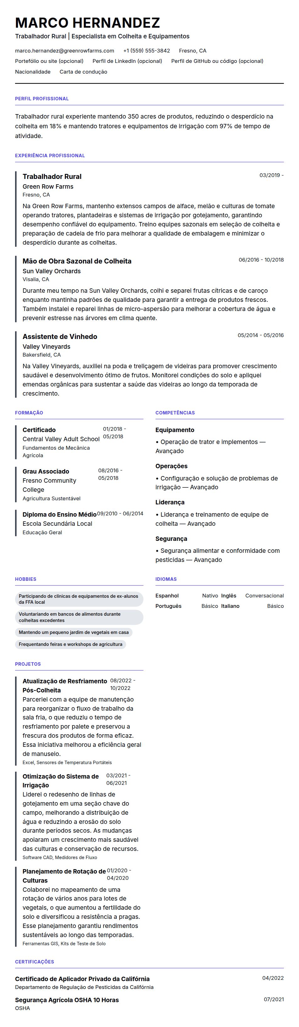 Pré-visualização do currículo Exemplo de Currículo para Trabalhador Rural