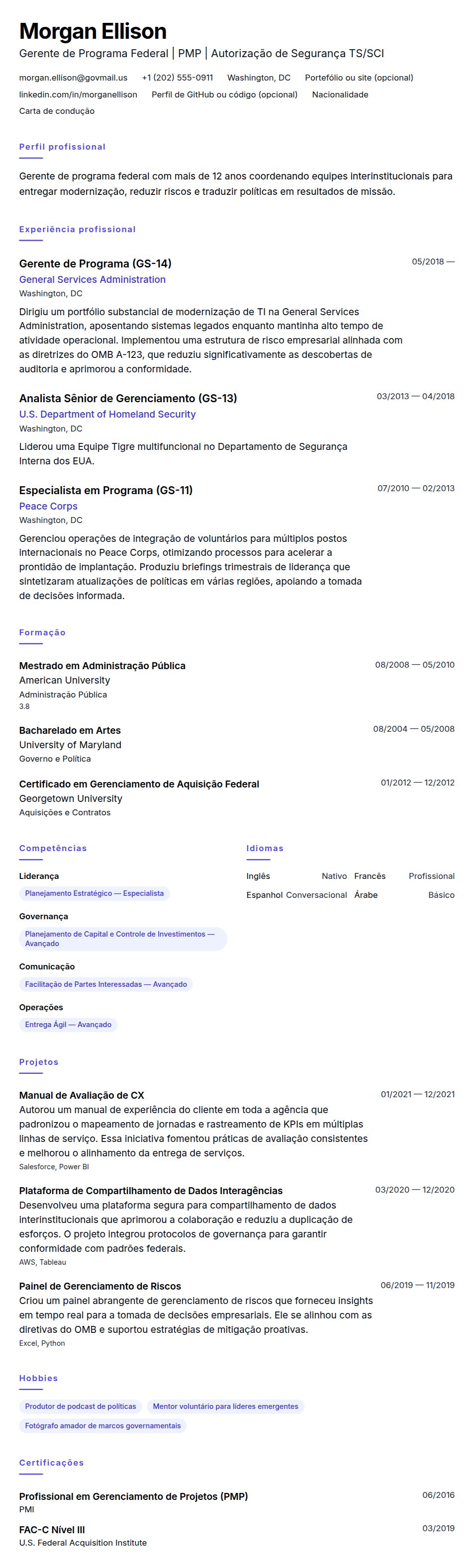 Exemplo de Currículo para Funcionário Federal