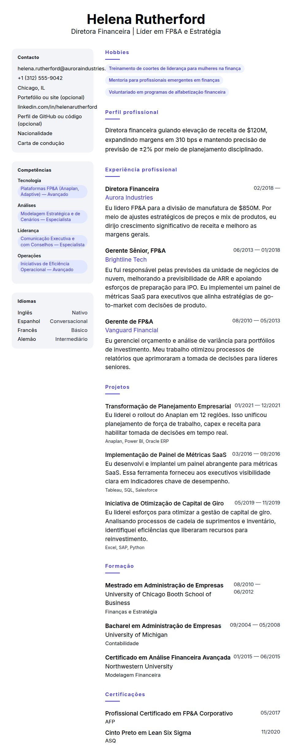 Pré-visualização do currículo Exemplo de Currículo de Diretor Financeiro