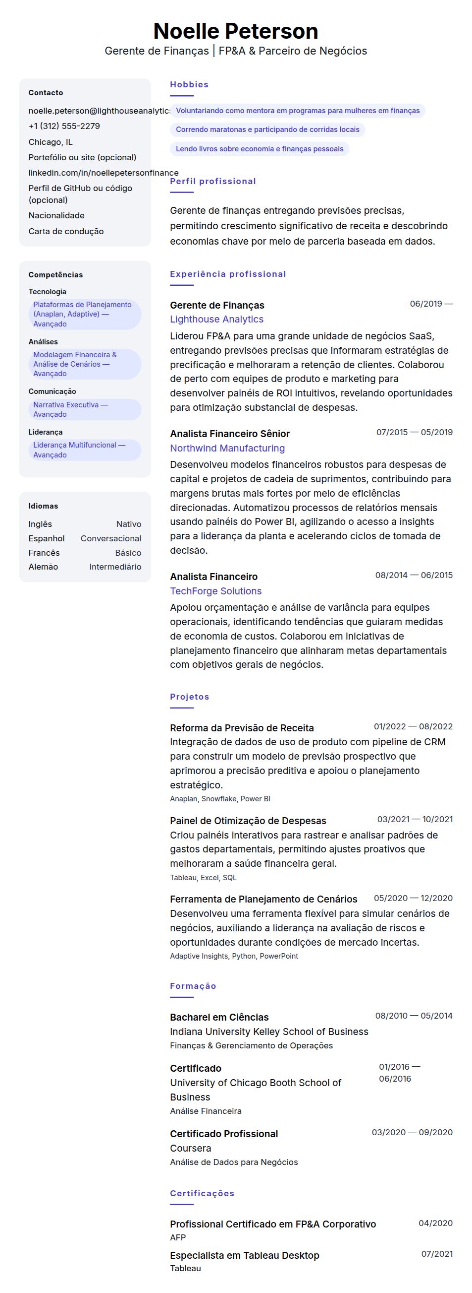 Pré-visualização do currículo Exemplo de Currículo de Gerente de Finanças
