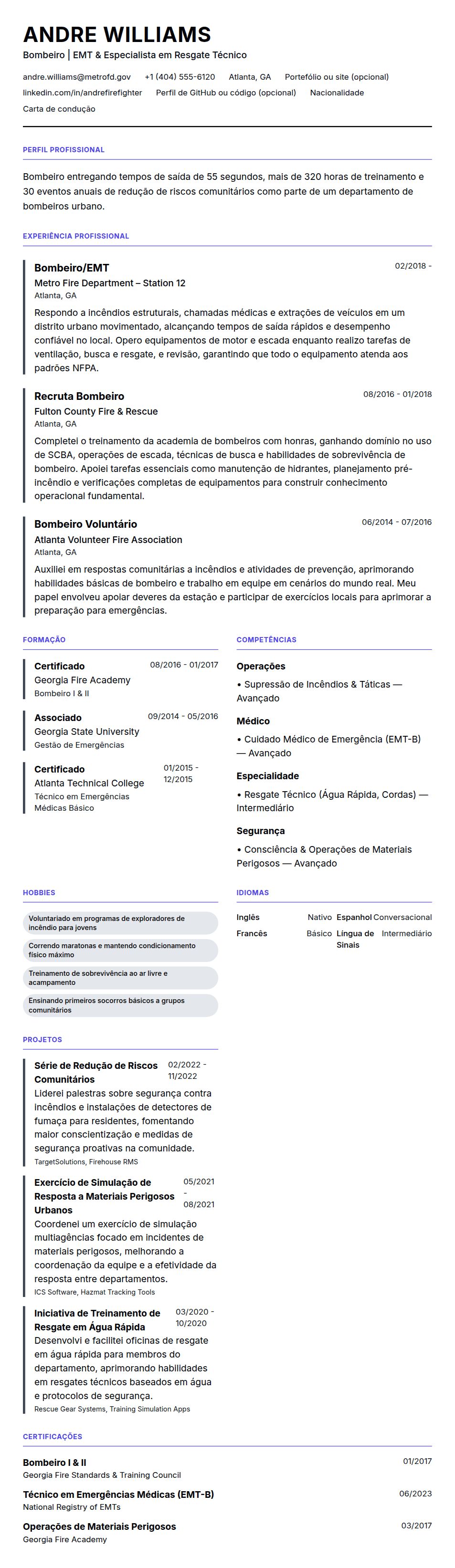 Pré-visualização do currículo Exemplo de Currículo de Bombeiro