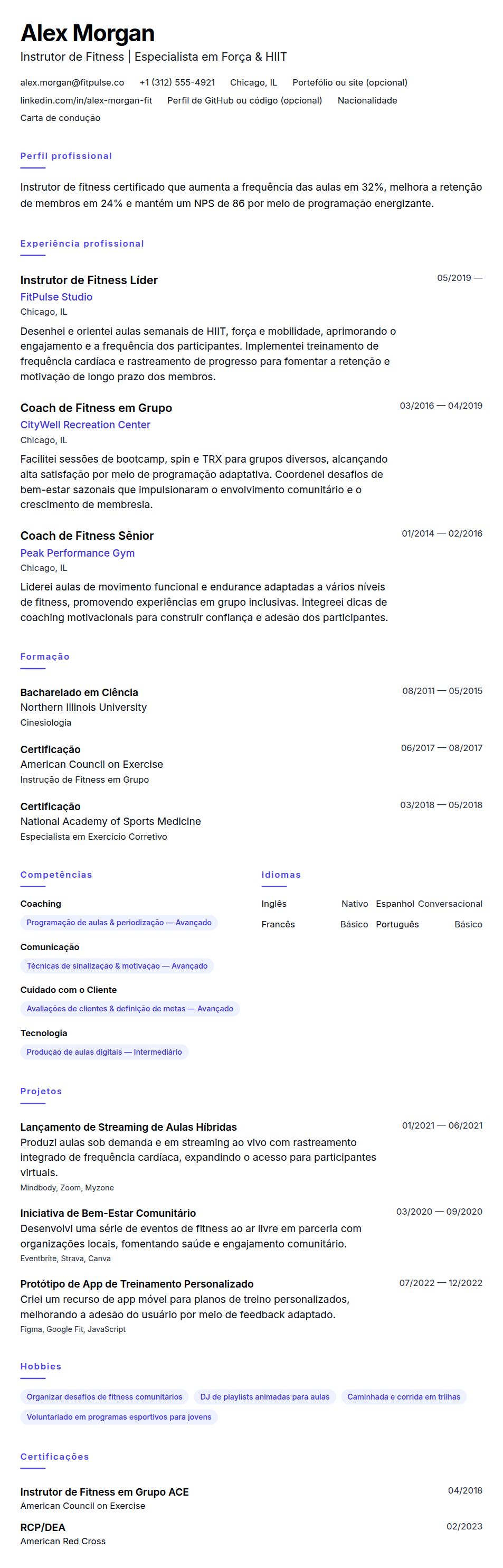 Pré-visualização do currículo Exemplo de Currículo de Instrutor de Fitness