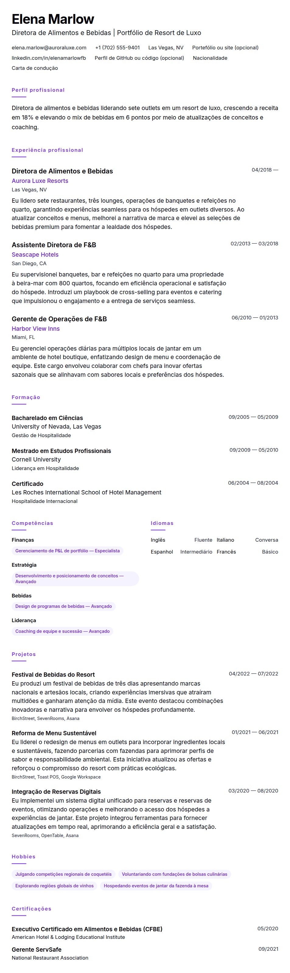 Pré-visualização do currículo Exemplo de Currículo de Diretor de Alimentos e Bebidas