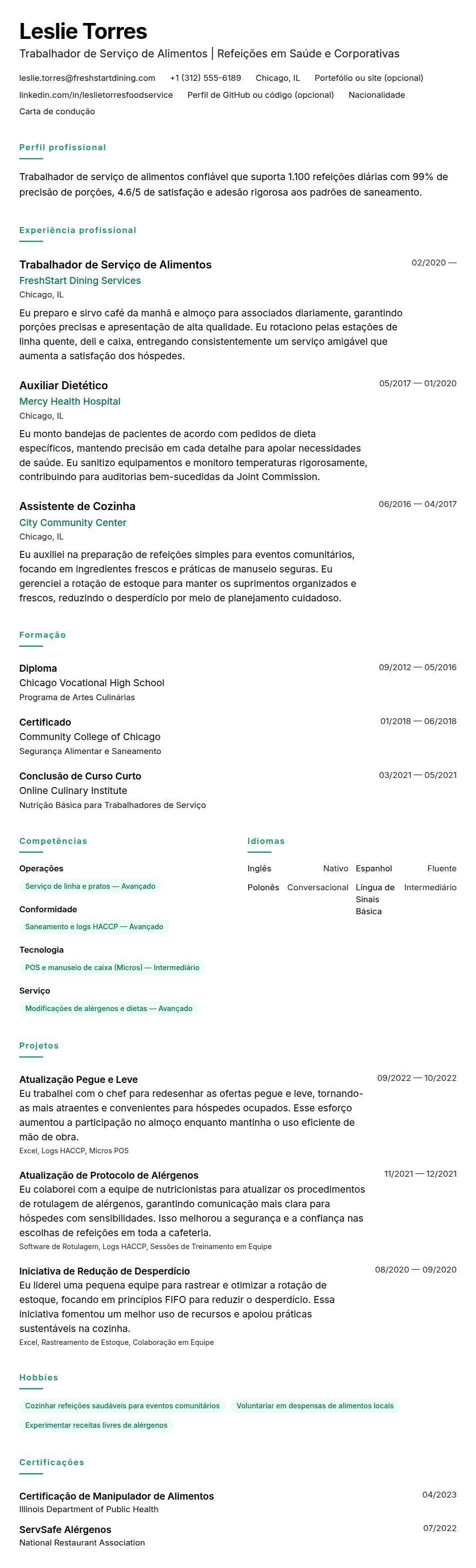Pré-visualização do currículo Exemplo de Currículo para Trabalhador de Serviço de Alimentos