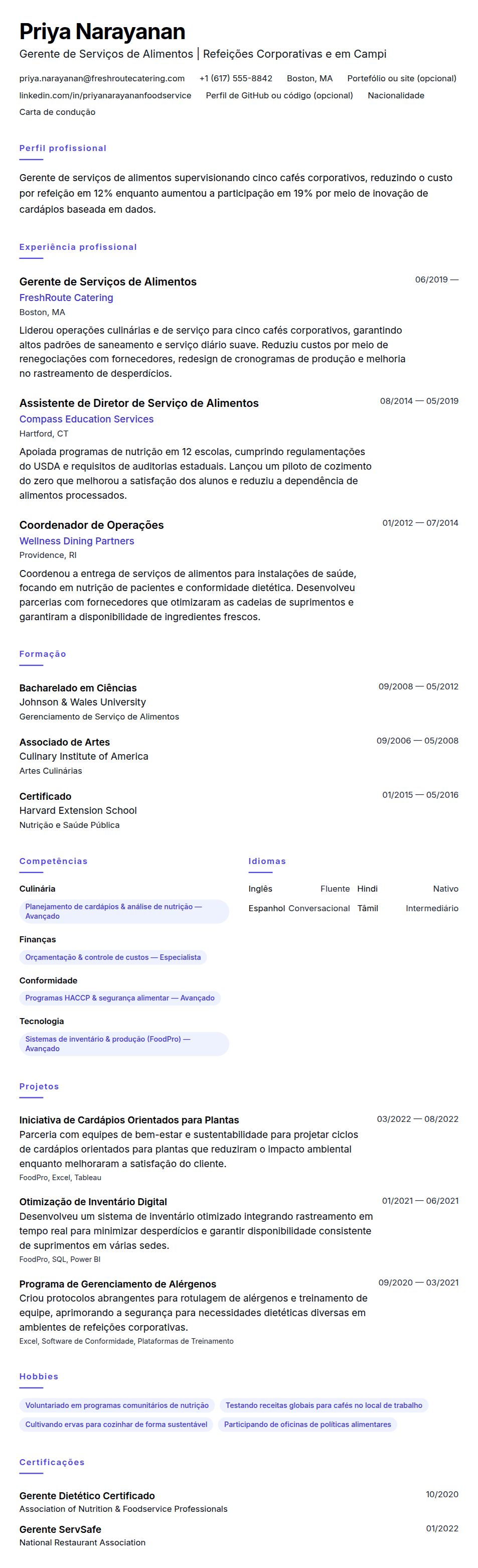 Pré-visualização do currículo Exemplo de Currículo de Gerente de Serviços de Alimentos