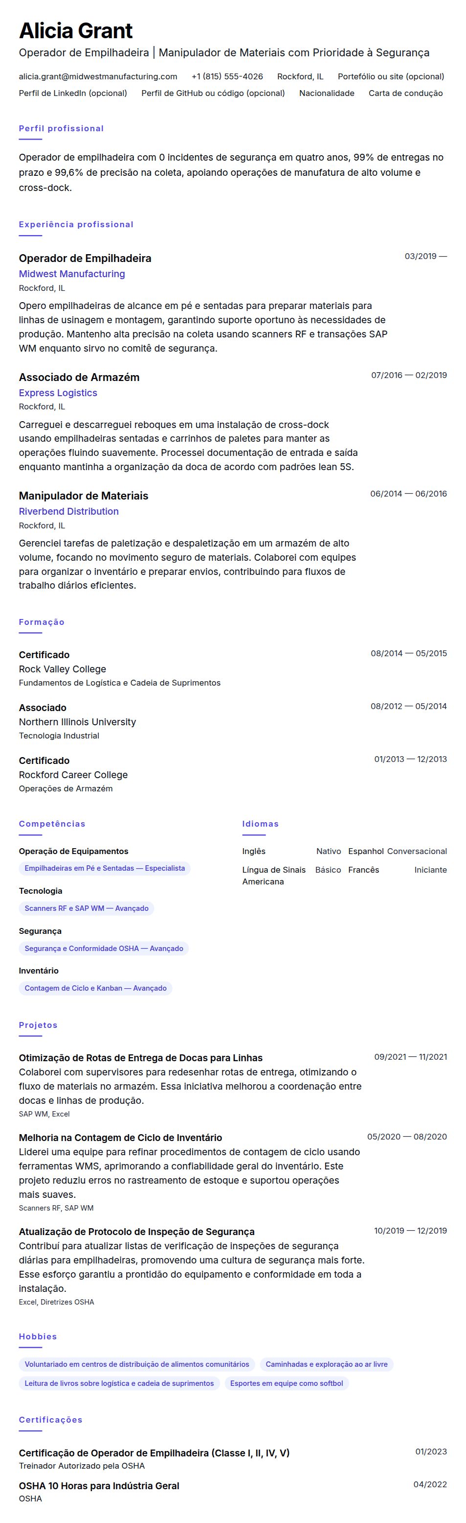 Pré-visualização do currículo Exemplo de Currículo para Operador de Empilhadeira