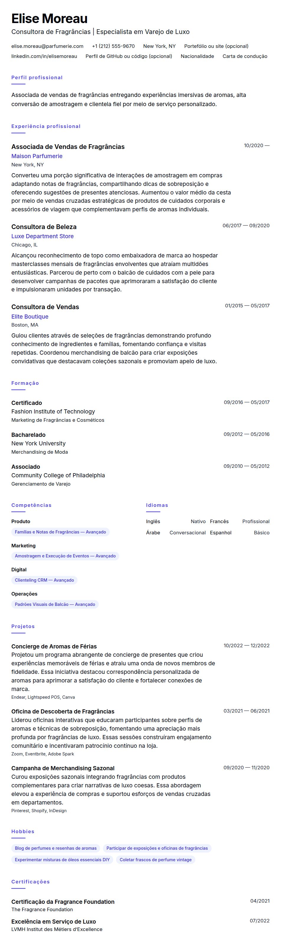 Exemplo de Currículo de Associado de Vendas de Fragrâncias